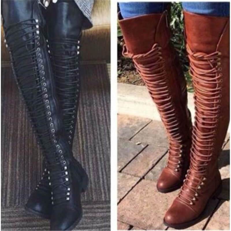 Leather Low Heel Lace Up Over Knee Boots