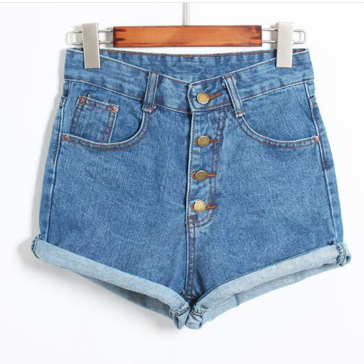 Button High Waist Rolled Hem Casual Denim Shorts