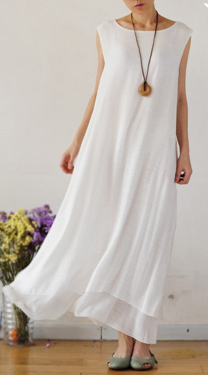 Pure Color Loose O-neck Sleeveless Long Dress - May Your Fashion - 1