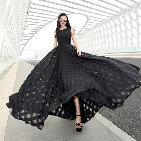 Scoop Sleeveless Flared Pleated Organza Long Beach Dress