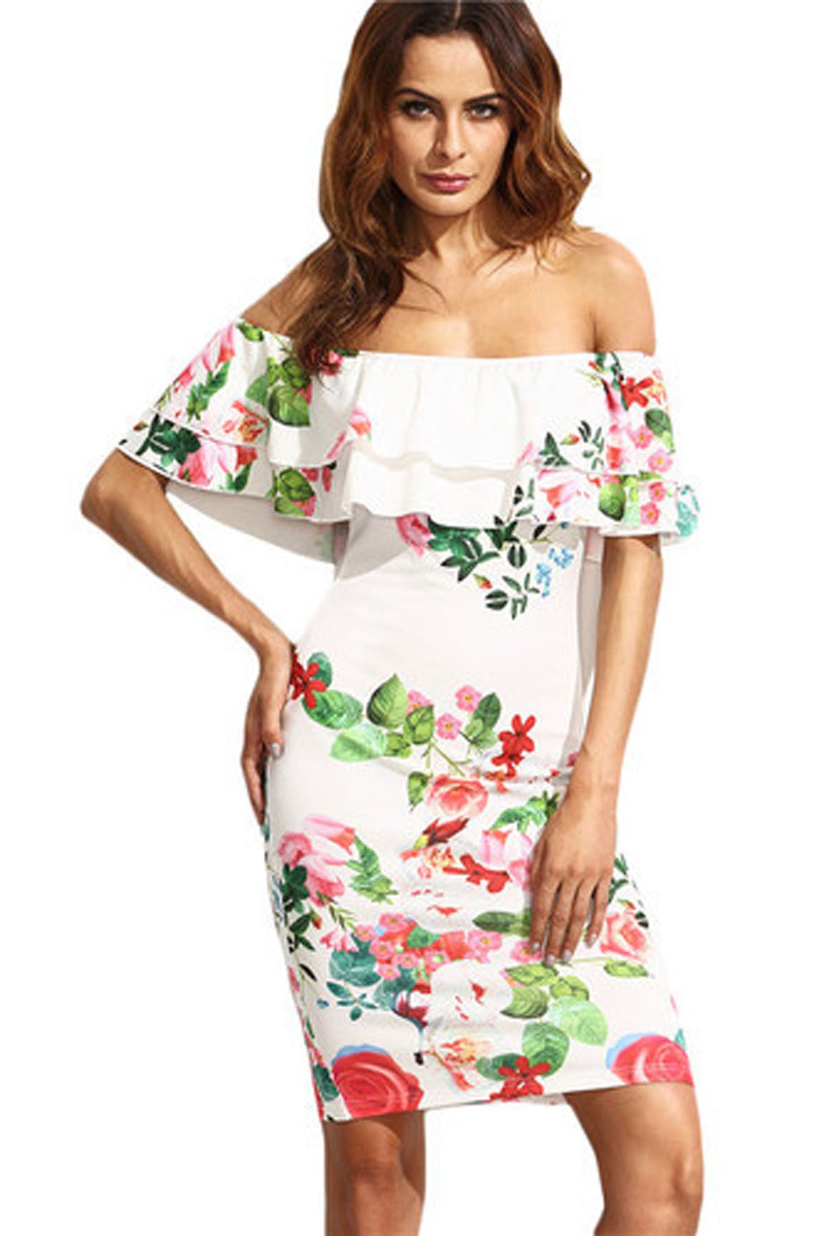 Off Shoulder Flower Print Short Dress