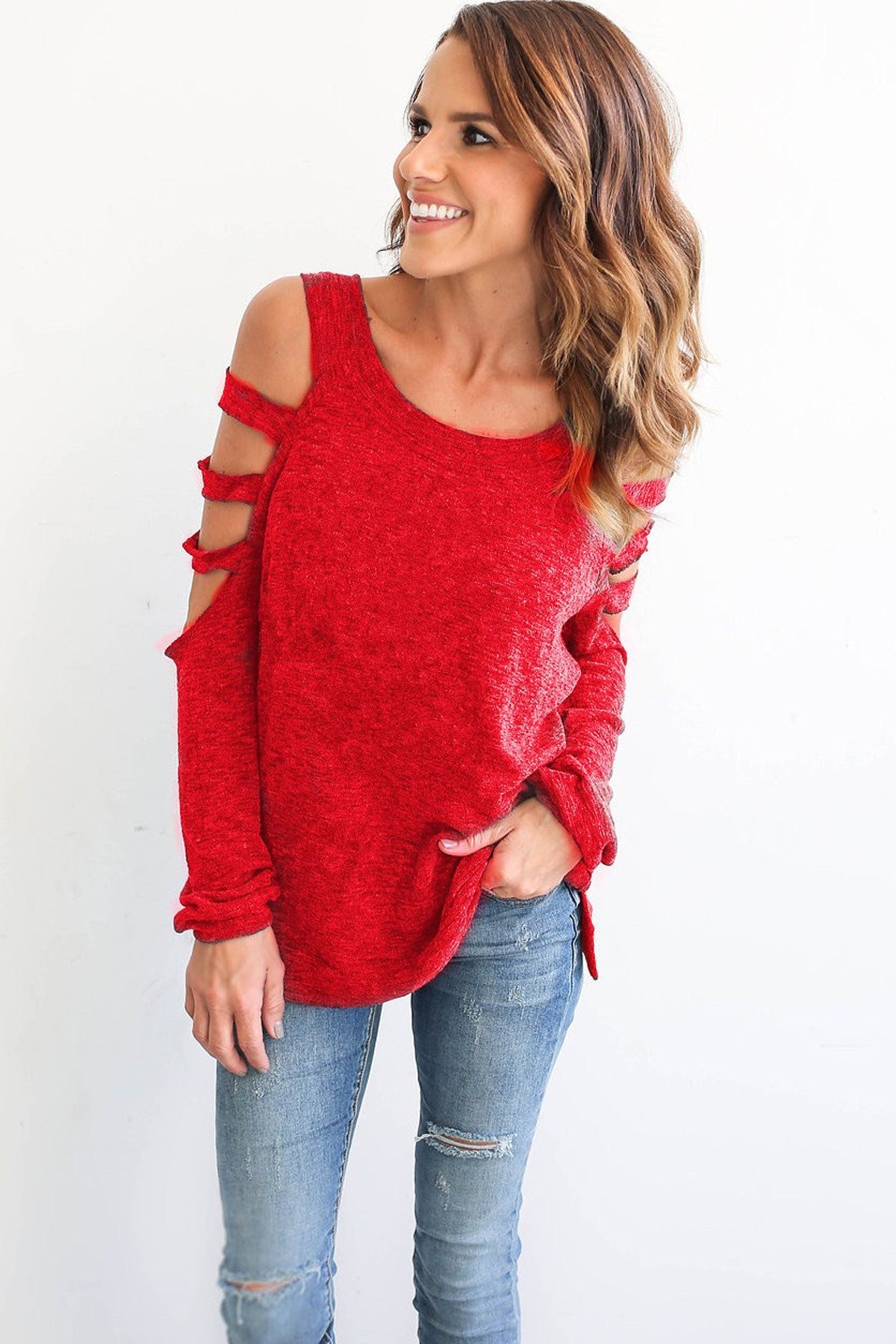 Bear Shoulder Pure Color Hollow Out Long Sleeves T-shirt