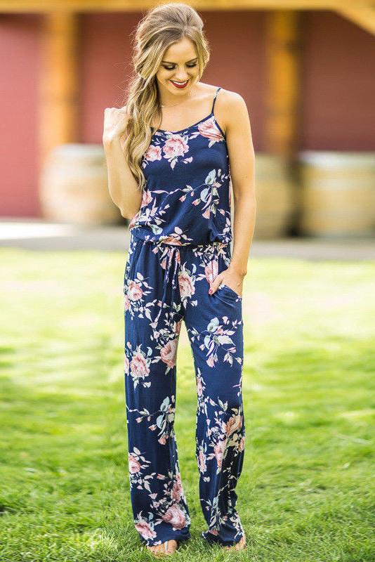 Flower Print Spaghetti Straps Sleeveless Long Jumpsuit