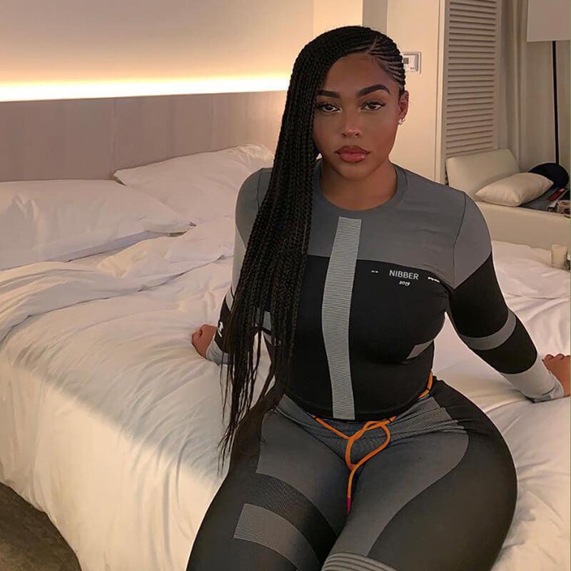 Sexy Color Block Long Sleeve High Waist Bodycon Skinny Two Pieces Set