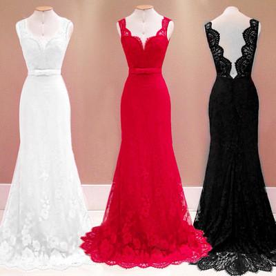 Pure Color Lace V-neck Sleeveless Long Party Dress