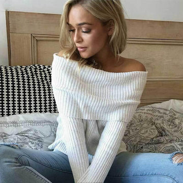 Big Lapel Collar Off Shoulder Long Sleeves Slim Sweater