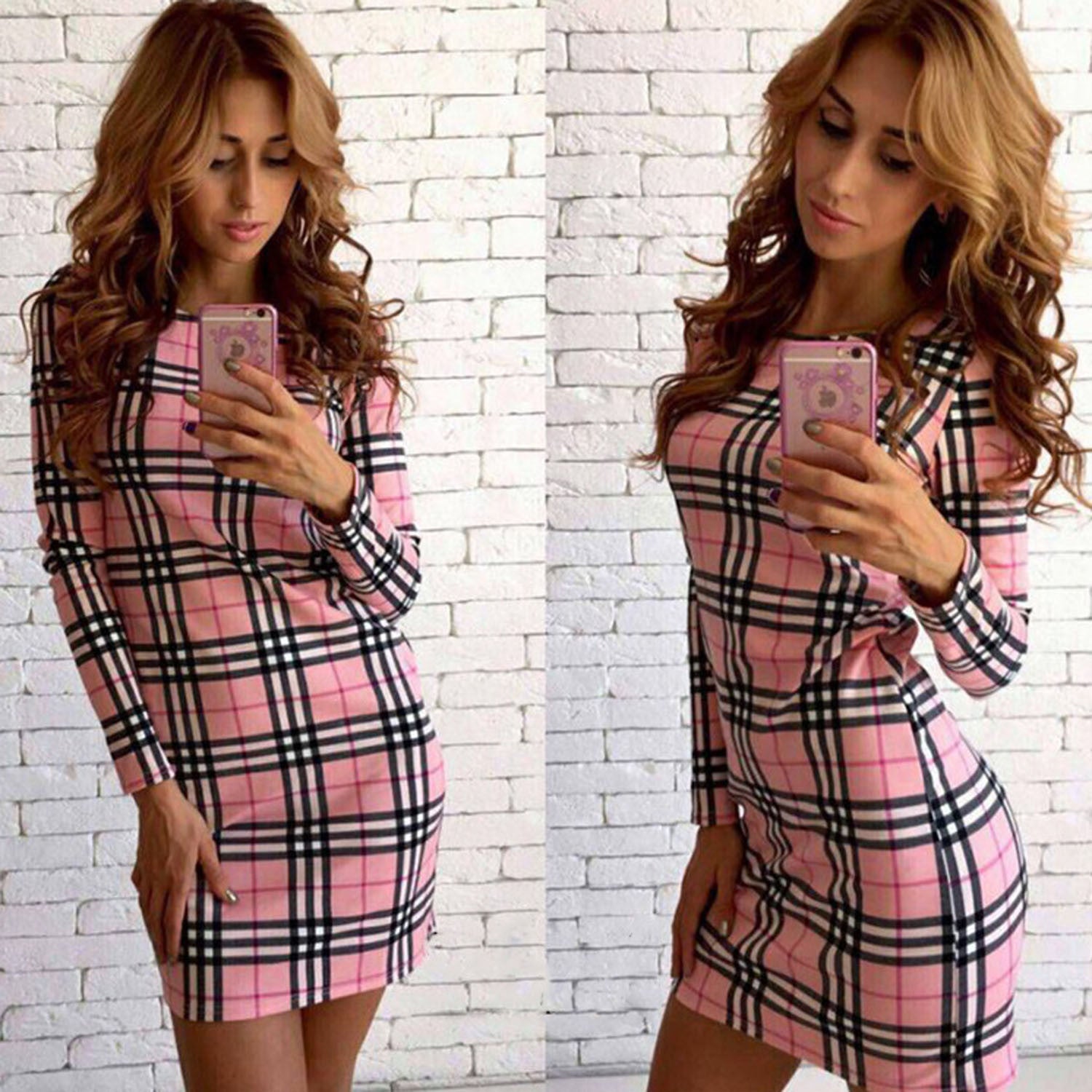 Long Sleeves Scoop Neck Plaid Short Dress