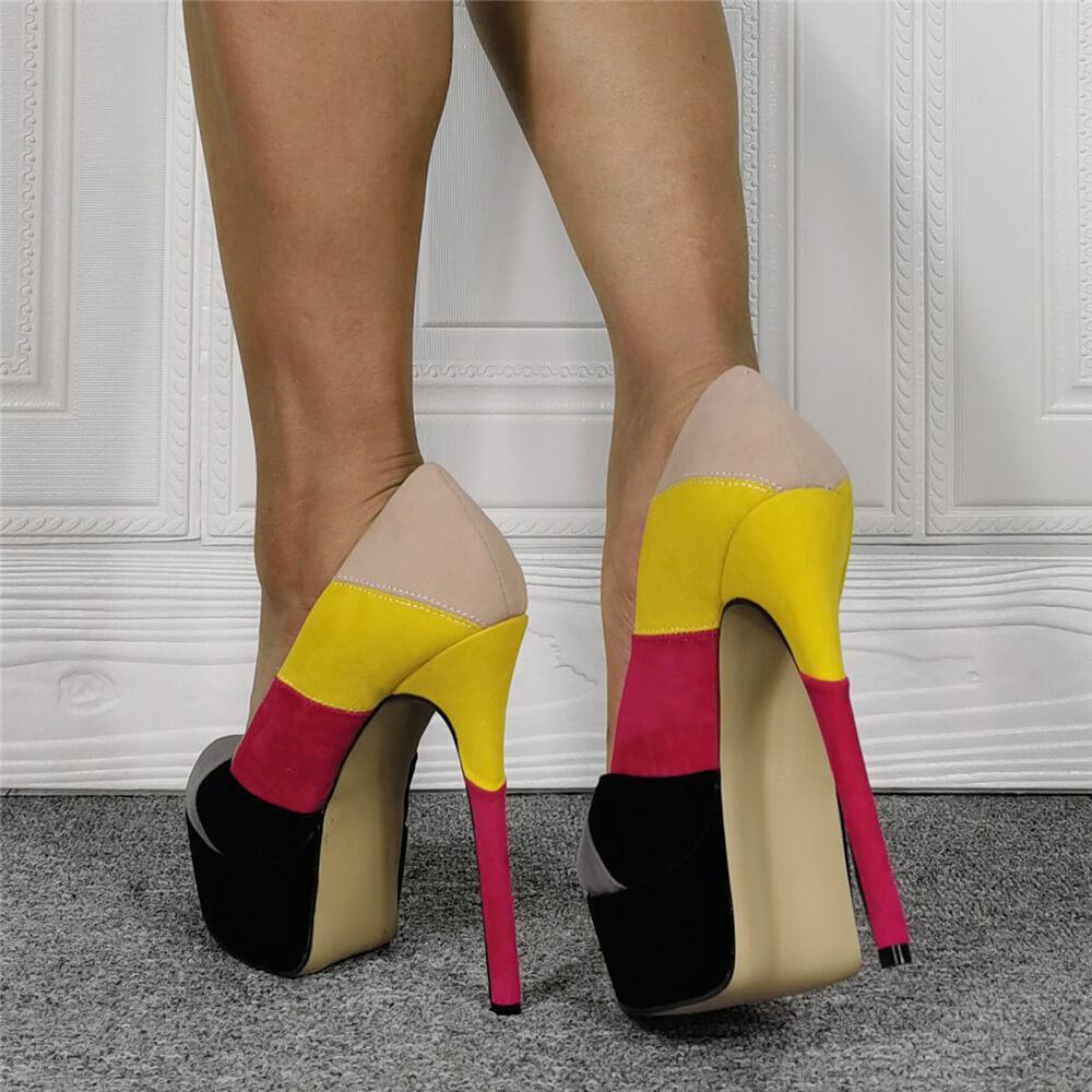 Suede Peep Toe Color Block Platform High Heel Sandals