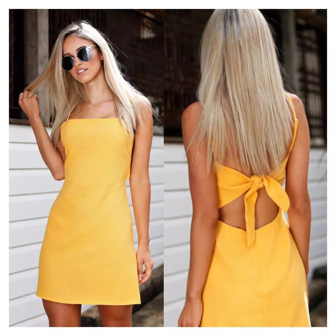 Pure Color Spaghetti Straps Sleeveless Backless Short Dress