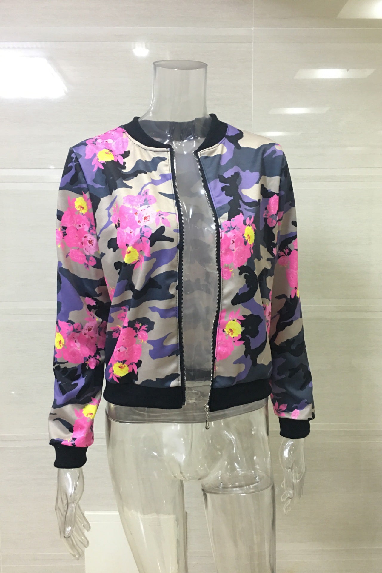 Flowers Camouflage Stand Collar Zipper Short Jacket Coat