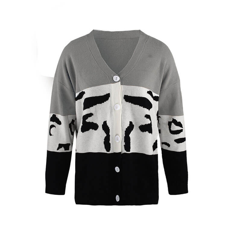 Leopard Patchwork V Neck Cardigan