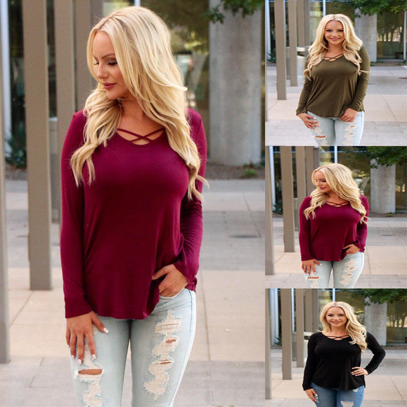 Cross V-neck Pure Color Long Sleeves Loose Blouse