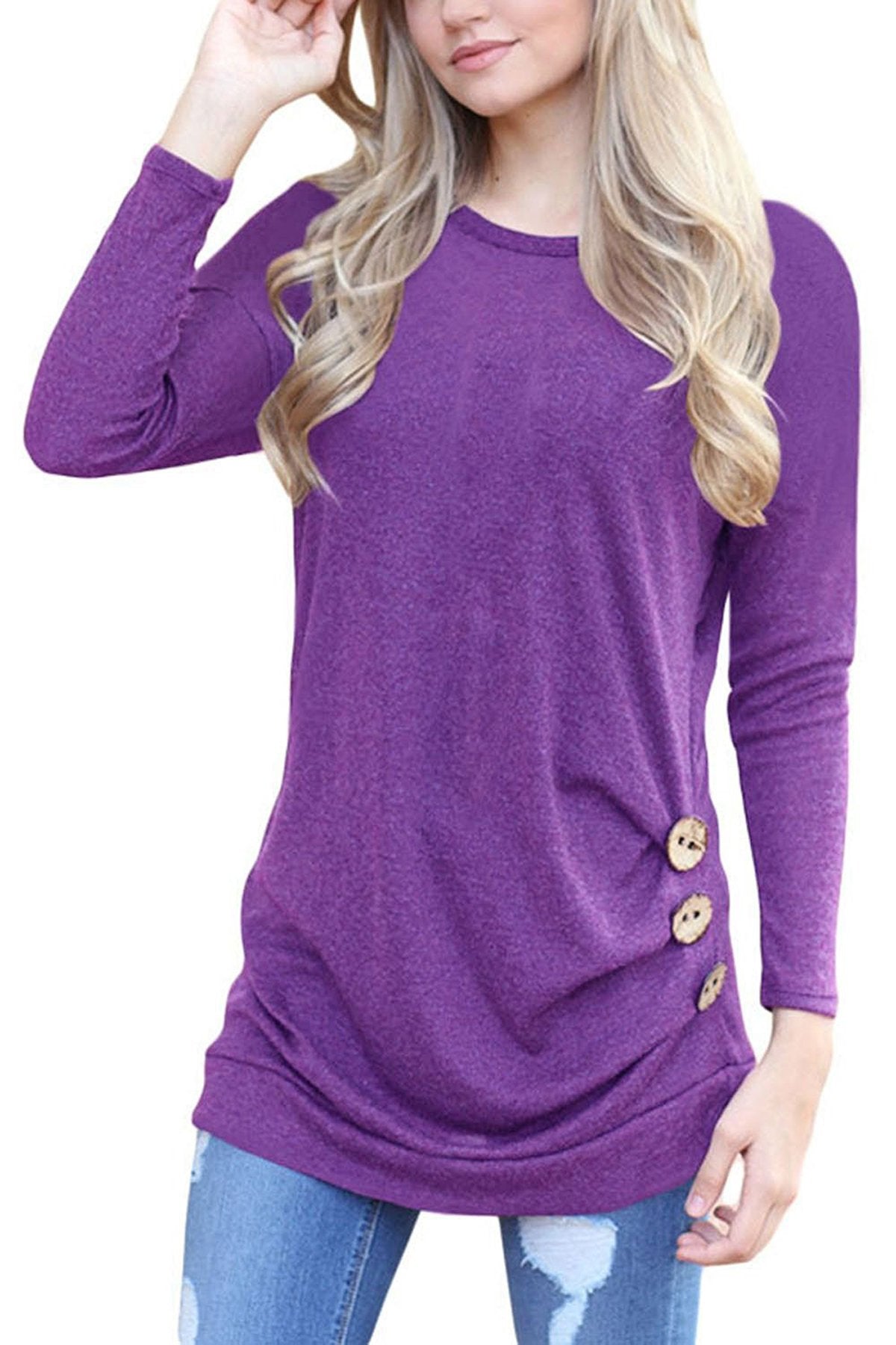 Candy Color Round Neck Long Sleeves Button T-shirt