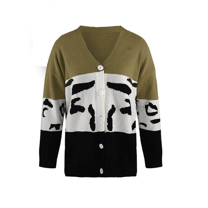 Leopard Patchwork V Neck Cardigan