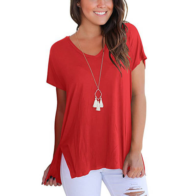 V-neck Loose Pure Color Split Blouse