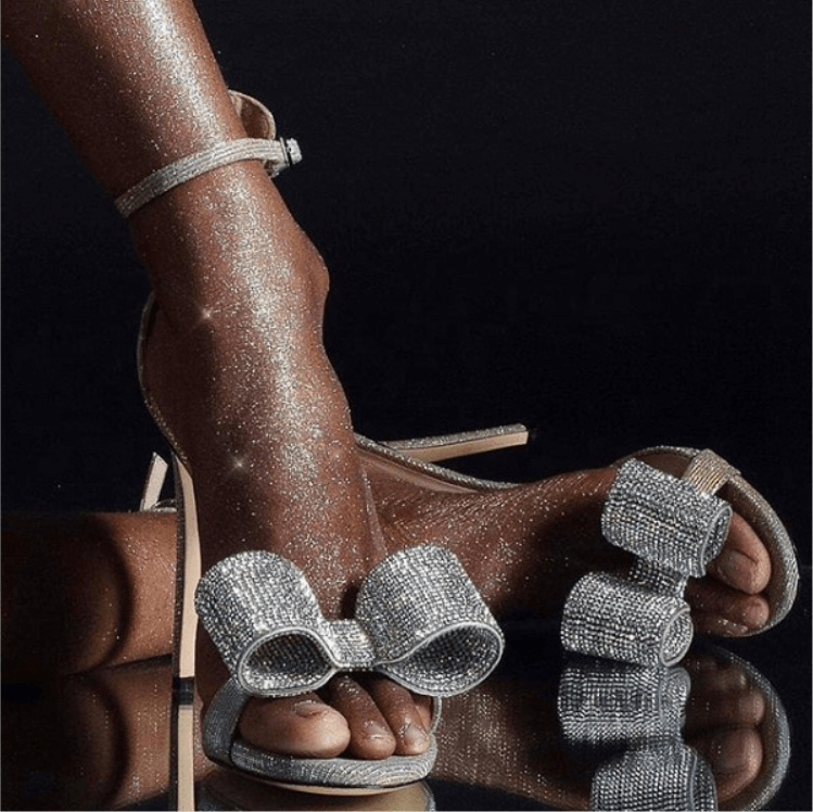 Silver Rhinestone Bow High Heels Sandals