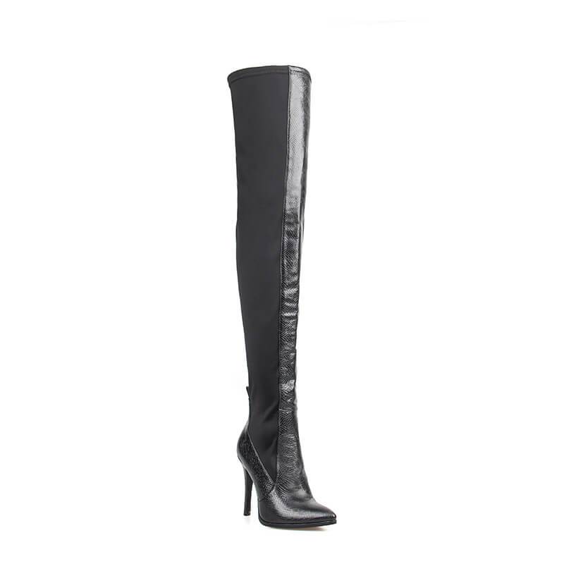 Black Pointed Toe Leather Over Knee Boots