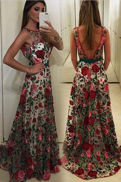 Embroidery Flowers Backless Pleated Long Prom Party Dress