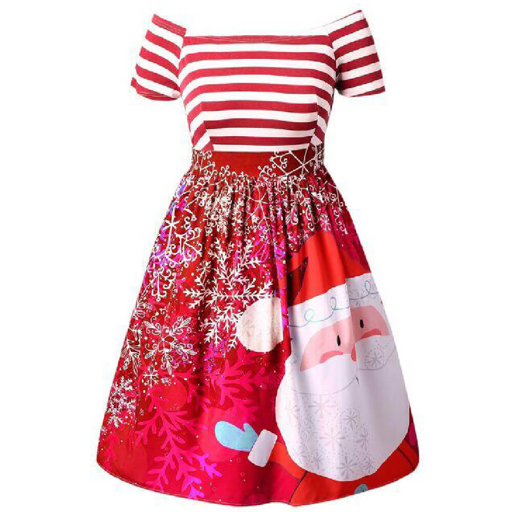 Cute Santa Print  Striped Plus Size Dress