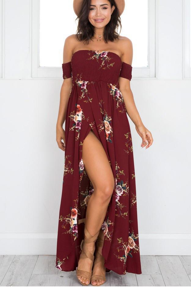 Off Shoulder Short Sleeves Low High Split Flower Print Long Beach Dress