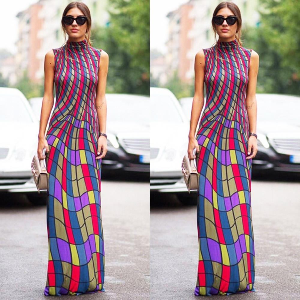 High Neck Stripe Print Colorful Long Dress