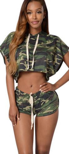 Bat-wing Sleeves Crop Top Mini Shorts Camouflage Two Pieces Set
