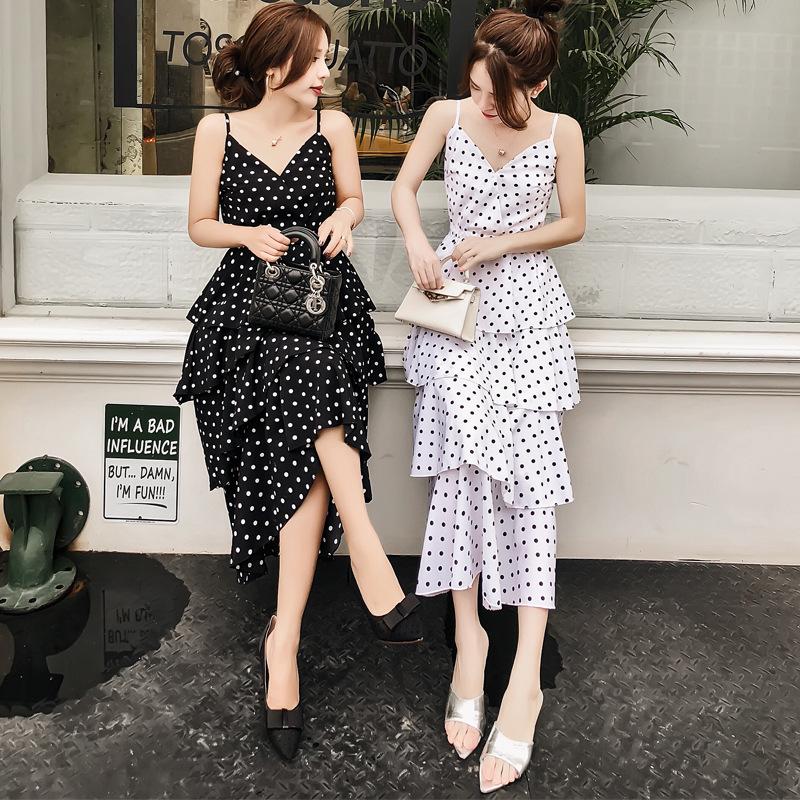 V-neck Polka Doat Casual Dress Spaghetti Straps Tiered Tea Length Long Dress