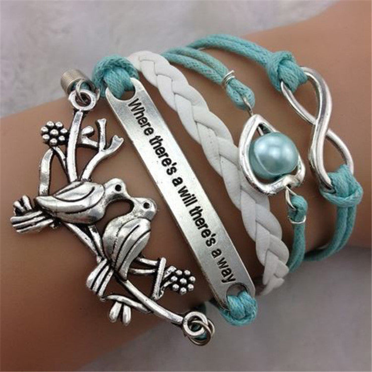 Love Birds Heart Pearl Multilayer Woven Bracelet