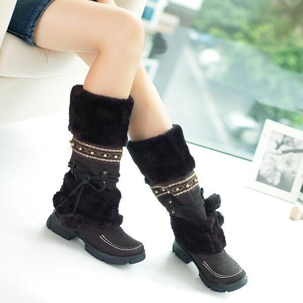 Fur Chunky Low Heel Mid Calf Boots 
