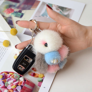 Mink Fur Bunny Bag Charm Keychain Plush Toy Car Keyring Accessory