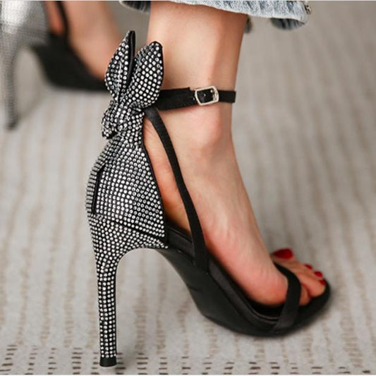 Rhinestone Open Toe High Heels Bow Women's Party Shoes