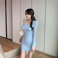 Diagonal Collar Metal Tassel Stitched One-Sided Long Sleeve Dress