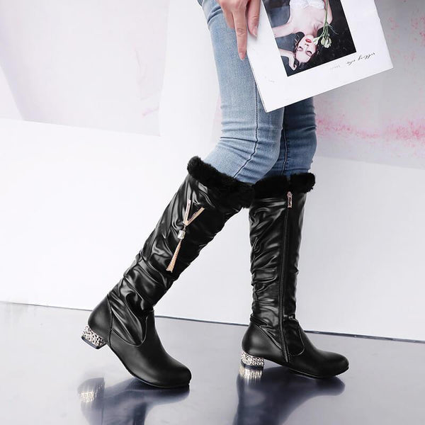 Leather Low Knee Heel Knee High Boots