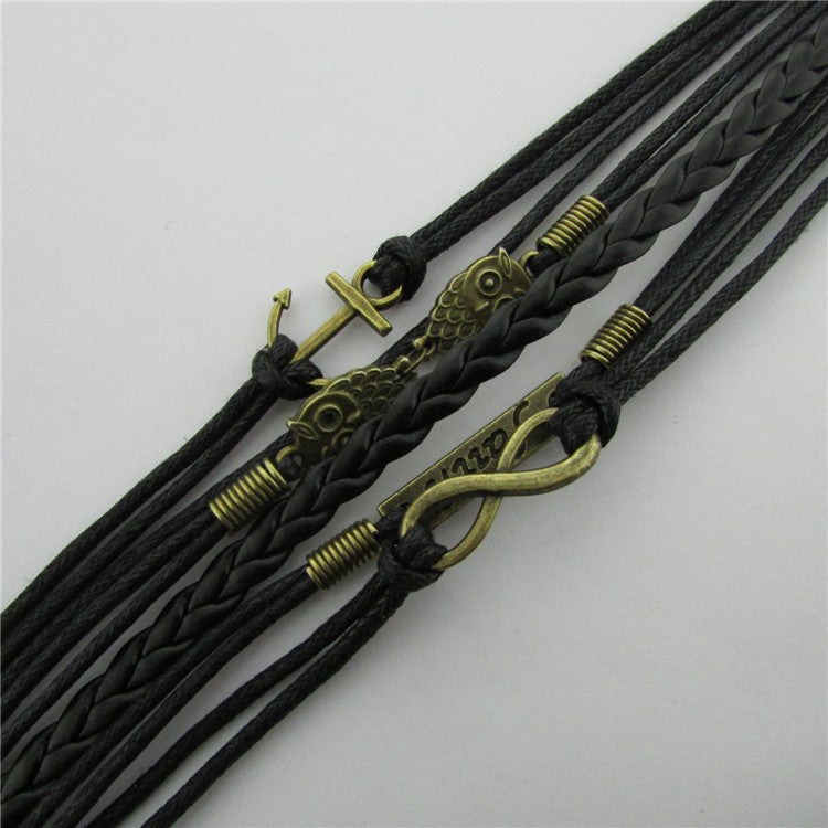 Beautiful Owl Anchor Hand-made Leather Cord Bracelet