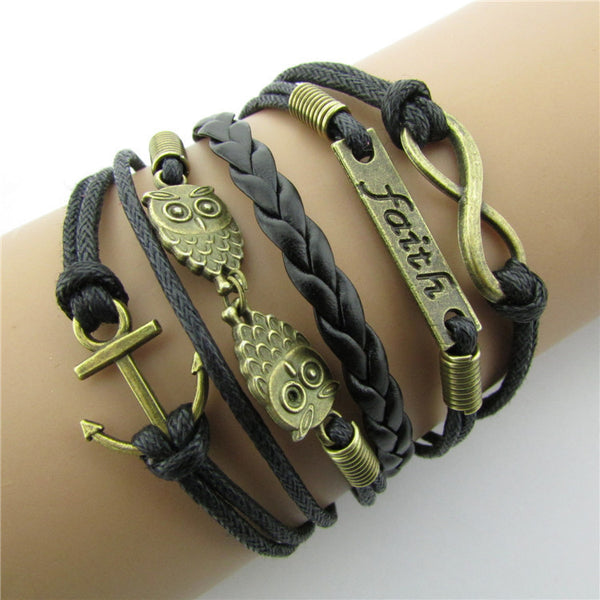 Beautiful Owl Anchor Hand-made Leather Cord Bracelet