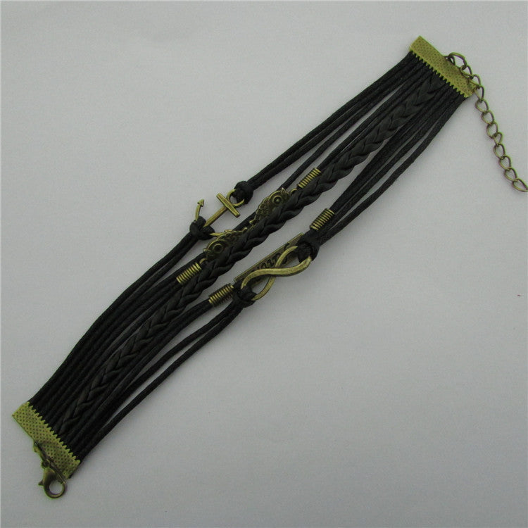 Beautiful Owl Anchor Hand-made Leather Cord Bracelet