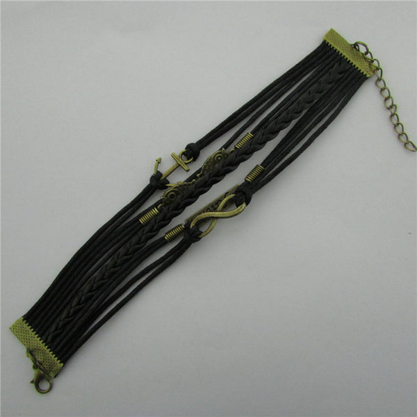 Beautiful Owl Anchor Hand-made Leather Cord Bracelet