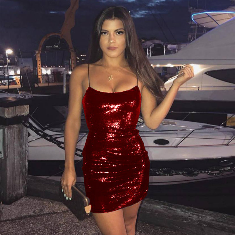 Red Sequin Spaghetti Strap Backless Dress