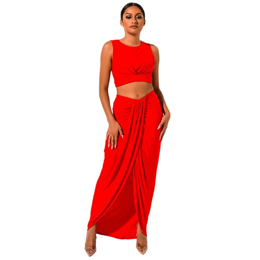 Bandage Crop Top with Irregular Long Skirt Club Dress Set