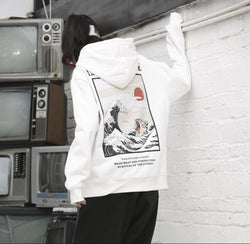 Japanese Embroidery Funny Cat Wave Printed Fleece Hoodies Winter Japan Style Hip Hop Casual Sweatshirts Streetwear