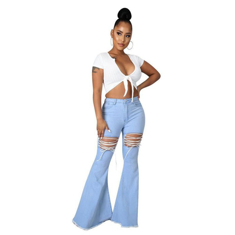 Solid Color Casual Wash Bandage Denim Flared Pants