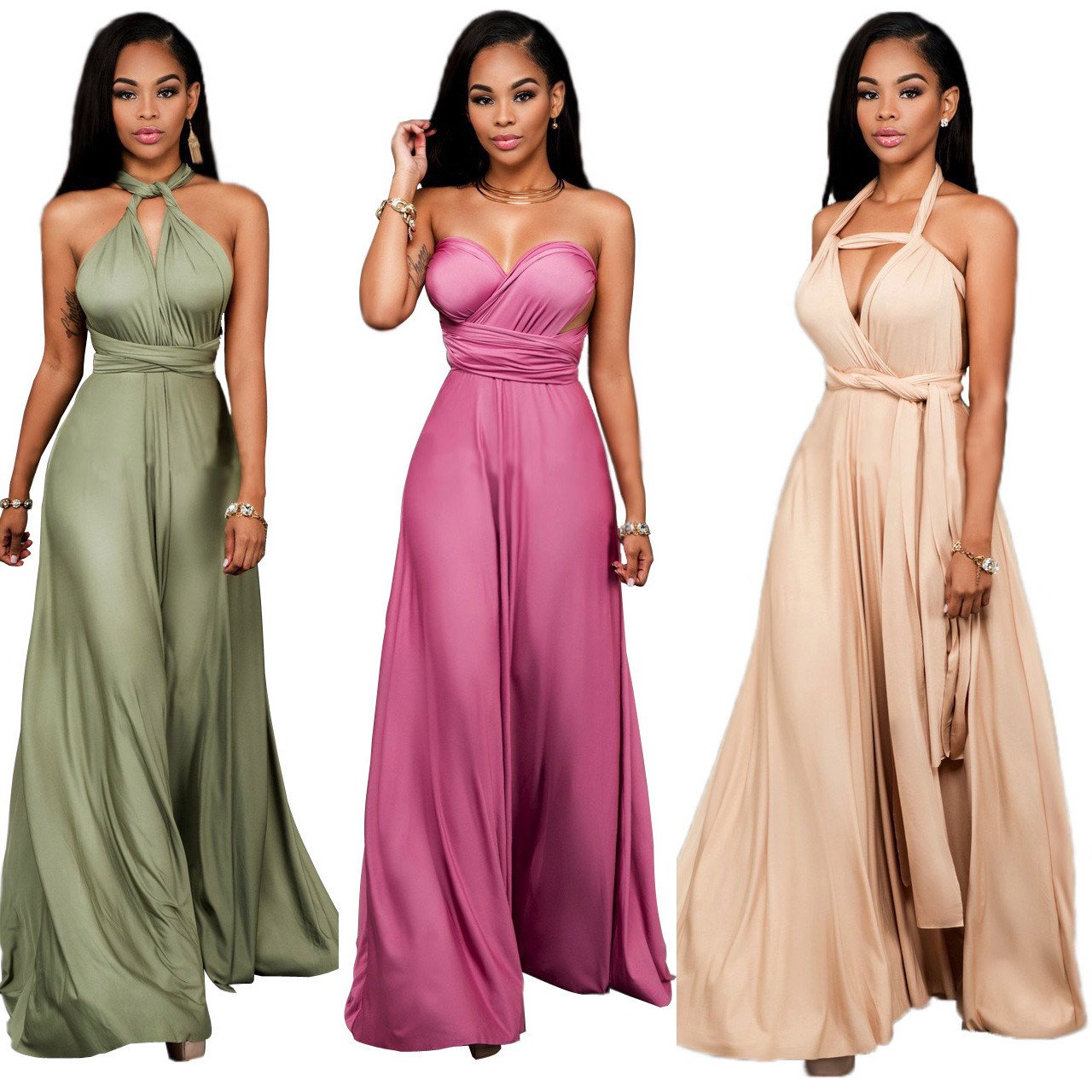 Pure-Color--Bandage-Sleeveless-Backless-Long-Party-Dress