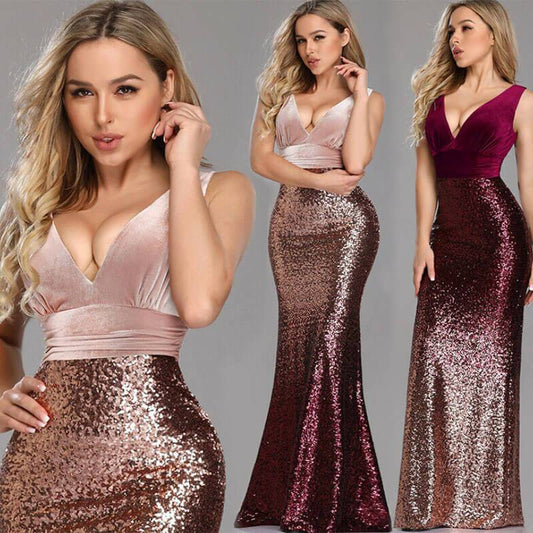 Gradient Color Sequin Empire Waist Evening Dress