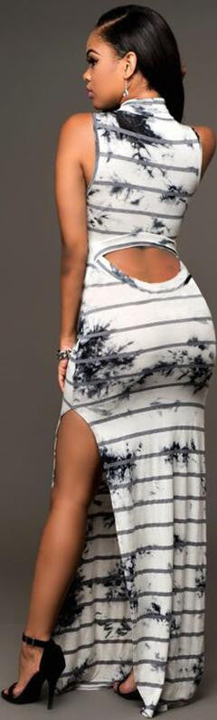 Sexy Print Hollow Out Splitting Bodycon Long Dress