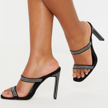 Black Suede High Heel  Square Toes Sandals