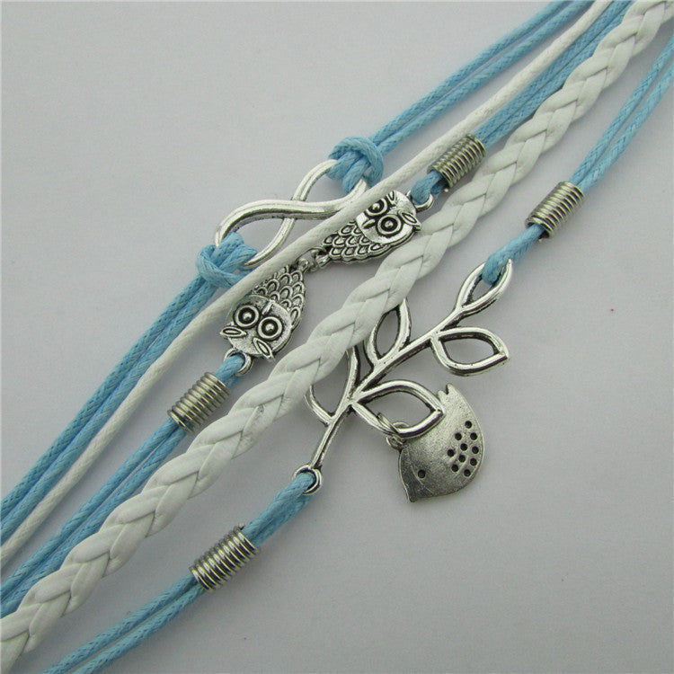 Fashion Owl Leaves Bright Hand-made Leather Bracelet