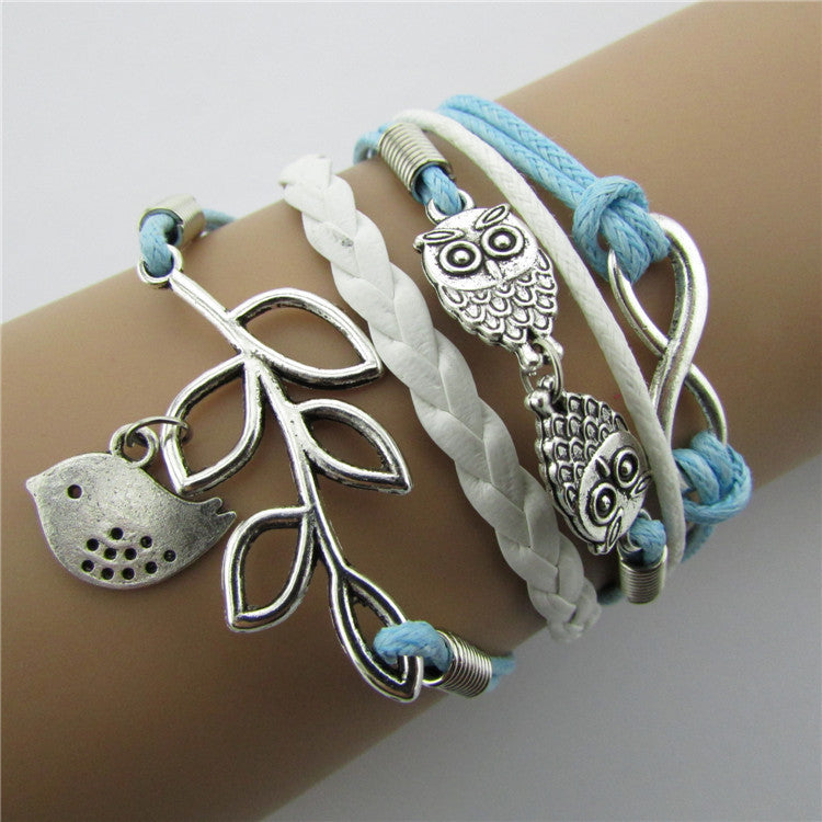 Fashion Owl Leaves Bright Hand-made Leather Bracelet