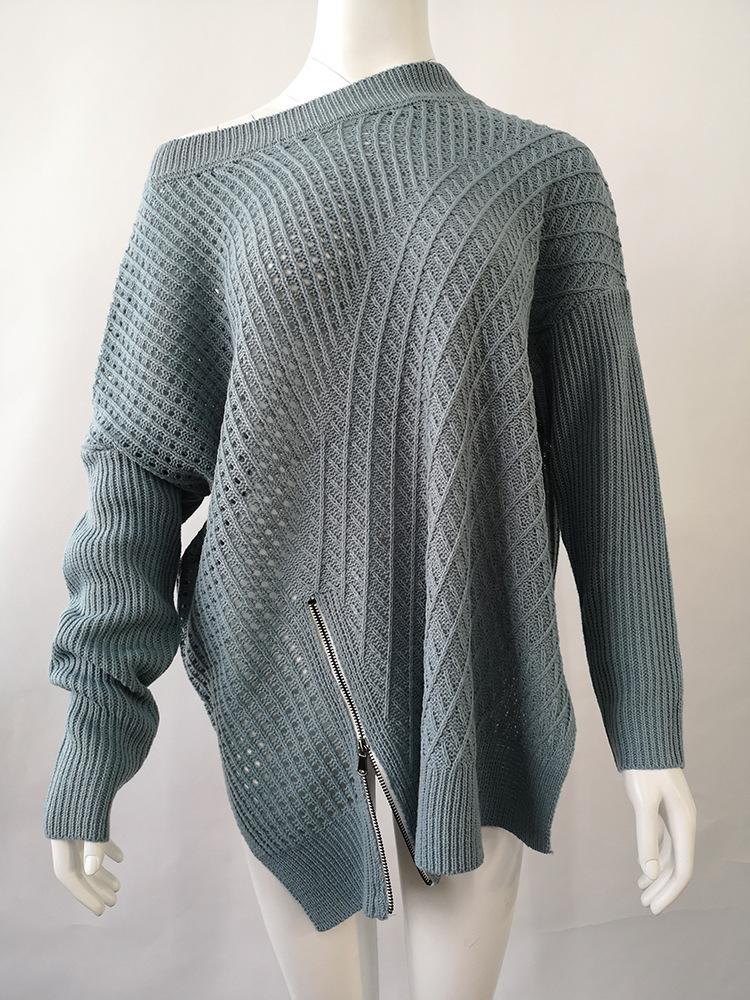 Off Shoulder Zipper Loose Irregular Pur Color Sweater