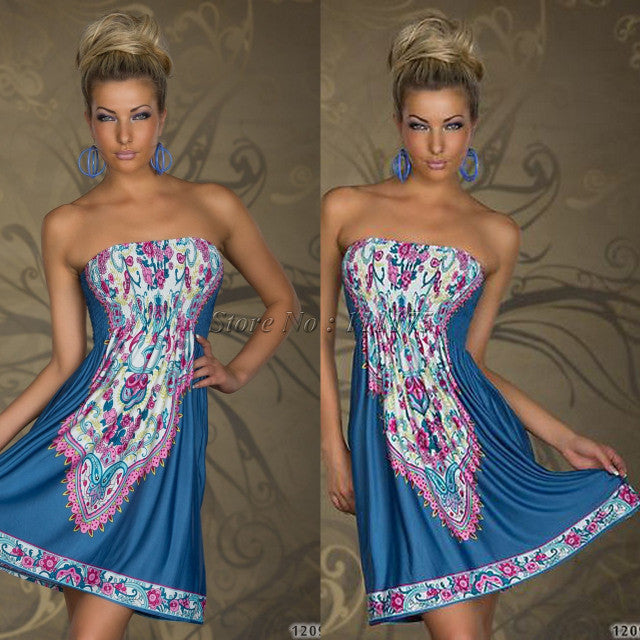 Sexy Strapless Floral Print Pleated Short Beach Dress