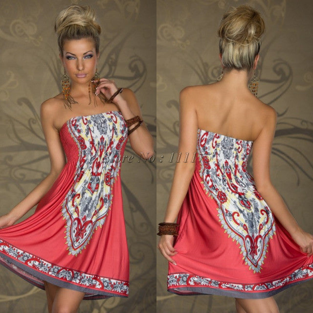 Sexy Strapless Floral Print Pleated Short Beach Dress